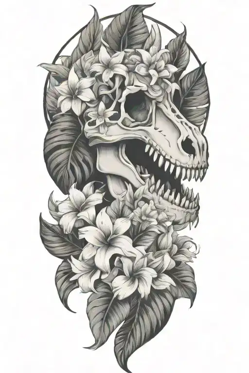 Tropical Leaves With Flowers An T Rex Skull