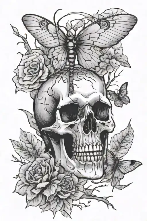 Skull With Birch Tree Growing Surrounded By Luna Moth And Scarab