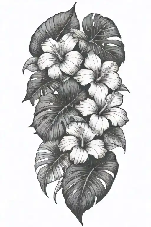 Tropical Leaves With Hibiscus Flowers