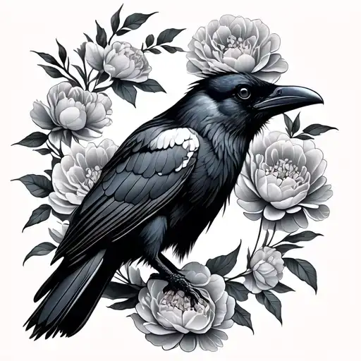 Raven With Peony Flowers Surrounding