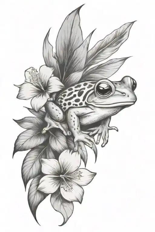 Small Frog And Tropical Leaves And Hibiscus