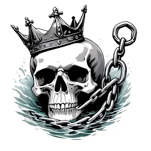 Skull With Crown Inside The Sea Holding Anchor Chain At The Teeth