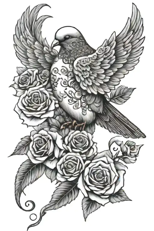 Zentangle Dove Wings Folded Perched Atop Roses