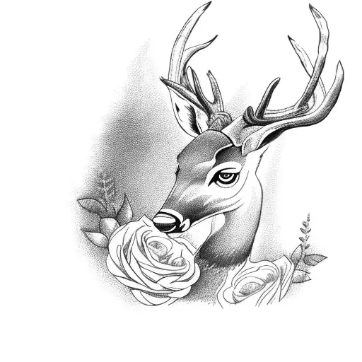 A Majestic Deer Standing In A Meadow Surrounded By Blooming Roses