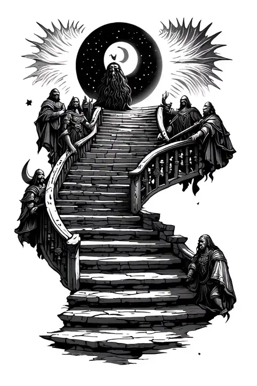 Stairway To Heaven With Vikings At Bottom And Stars Moon And Sun In The Sky