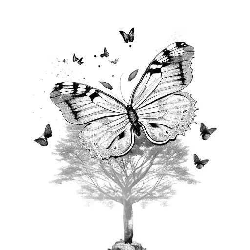 A Few Large Butterflies Flying Around A Tree With A Thick Trunk And Small Top