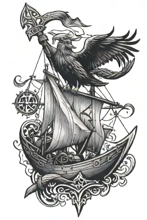 Viking Runes And Odin Ravens With Ship And Axes