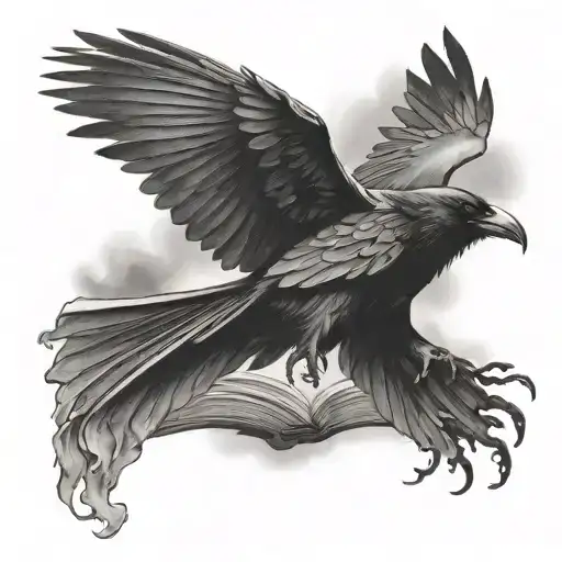 Raven Flying Out Of A Book In A Storm Cloud
