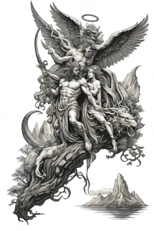 Angel And Demon With Mountains And River And Forest