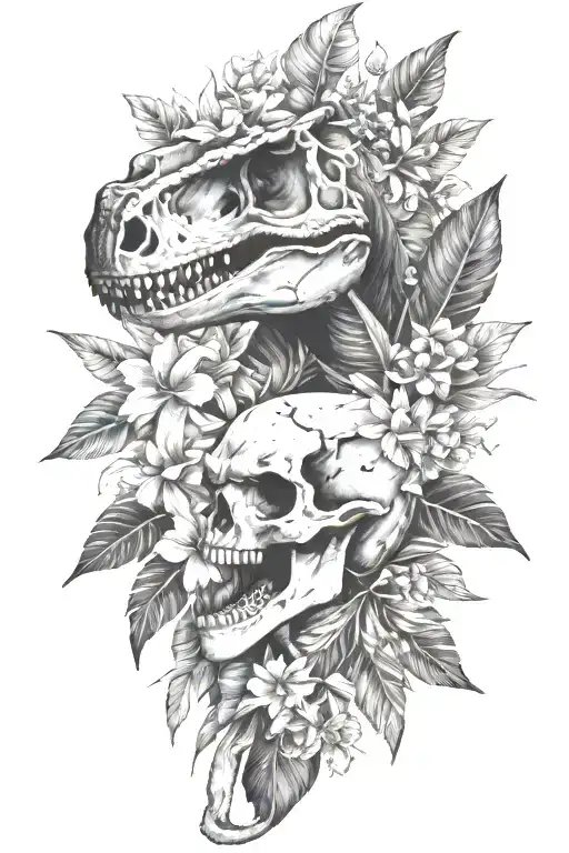 Tropical Leaves With Flowers An T Rex Skull