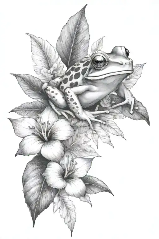 Frog And Tropical Leaves And Hibiscus