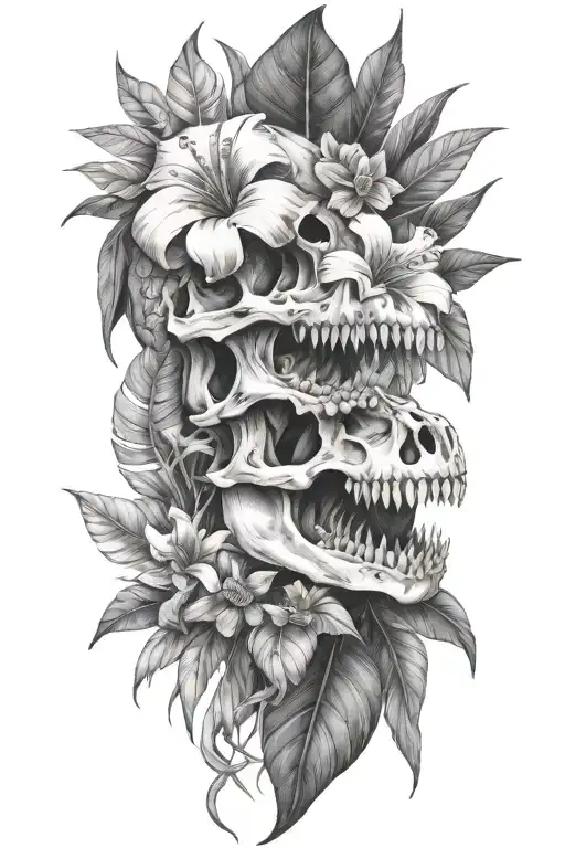 Tropical Leaves With Flowers And T-rex Skull