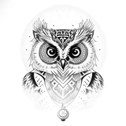 Black And White Tribal Owl With Raccoon Eyes And One Foot On A Pocket Watch