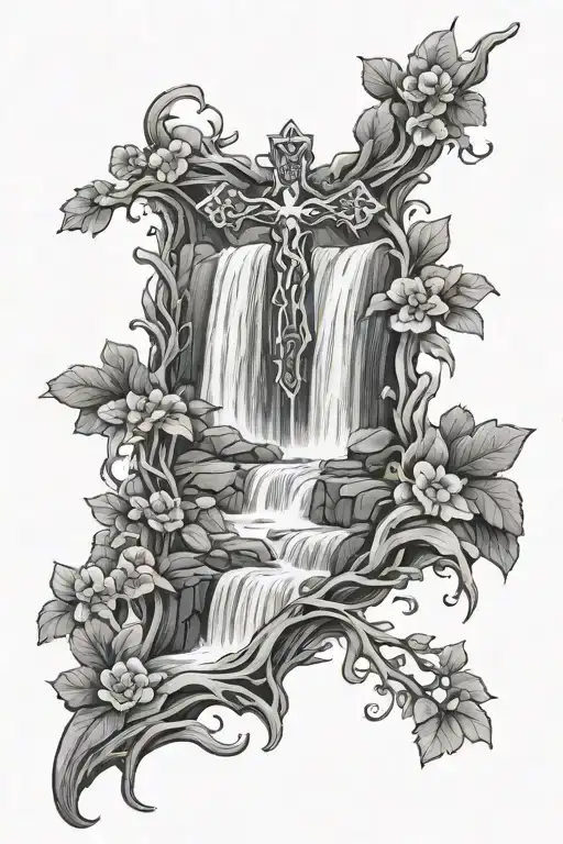 Cross With Waterfall