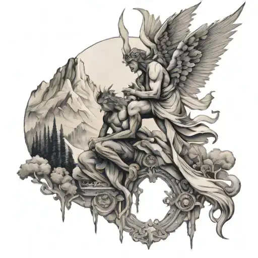 Angel And Demon With Mountains And River And Forest