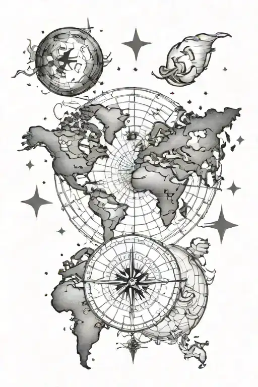 Moon Phases With A World Map And Compass