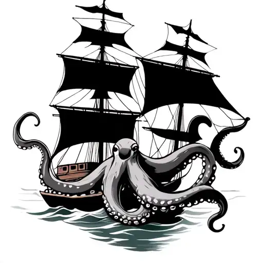 A Sail Ship With A Giant Octopus