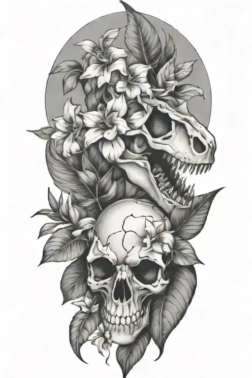 Tropical Leaves With Flowers An T Rex Skull