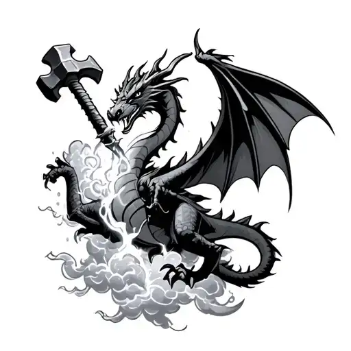 Dragon Flying In Clouds Breathinglightning That Strikes A Hammer Wielded By Dwarf