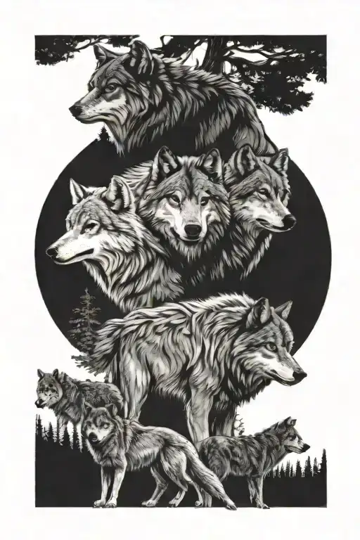 Two Adult Wolves Male And Female As Well As Two Young Male Wolves In A Pack With A Forest