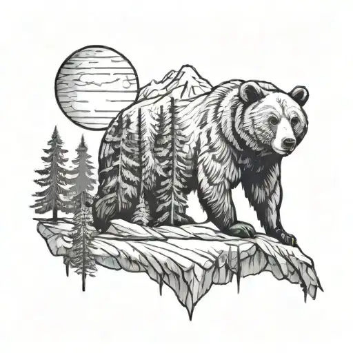 Forest With A Bear And Mountain Scene Sunset Lake