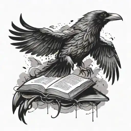 A Mystical Scene Of A Raven Flying Through A Stormy Sky With Books Scattered Below