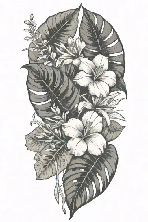 Tropical Leaves With Flowers Whith Fossil Embedded