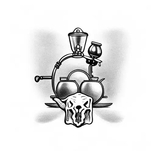 A Detailed Black And Grey Tattoo Of A Barista Brewing Coffee With A Bull Skull In The Background