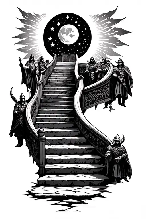 Stairway To Heaven With Vikings At Bottom And Stars Moon And Sun In The Sky