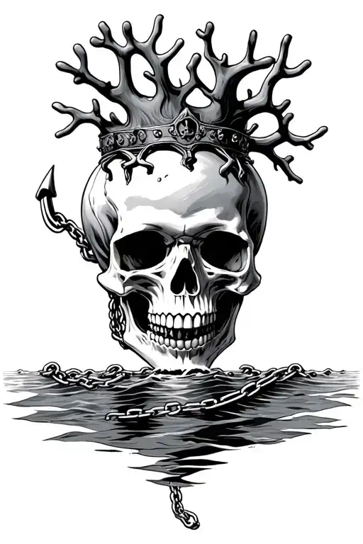 Skull With Coral Crown Inside The Sea Holding Anchor Chain At The Teeth