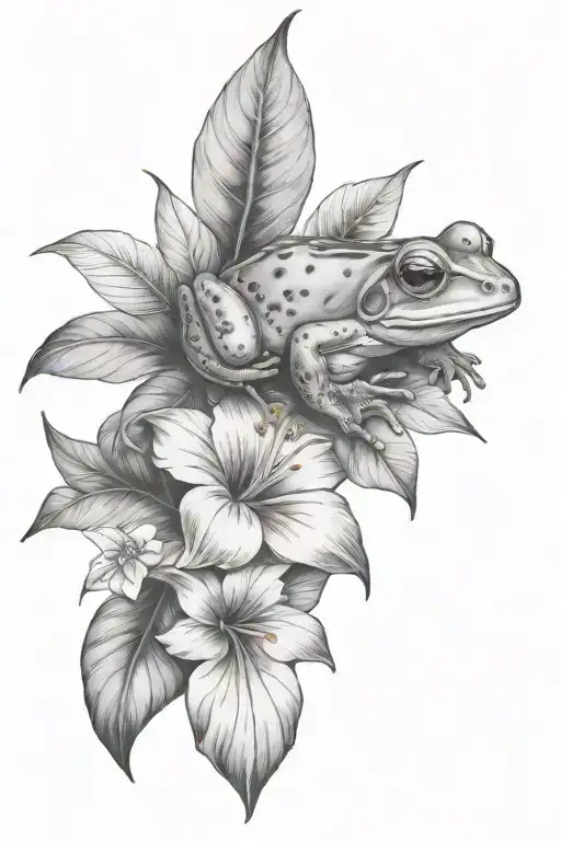 Litle Frog And Tropical Leaves And Hibiscus