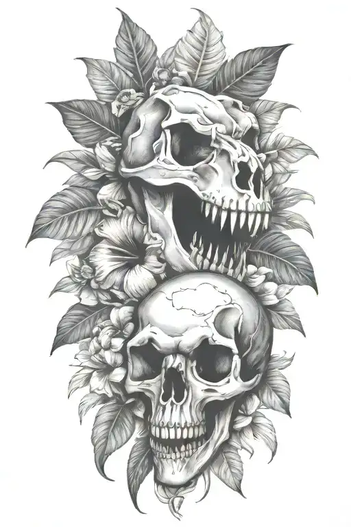 Tropical Leaves And Hibiscus An T Rex Skull