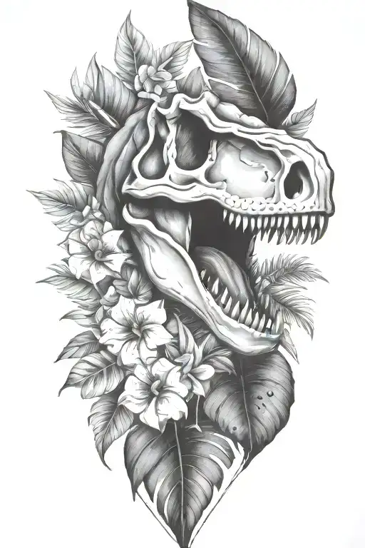 Tropical Leaves With Flowers An T Rex Skull