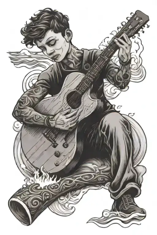 A Black-grey Tattoo Of A Son Playing Music On The Beach With A Campfire And Waves In The Background