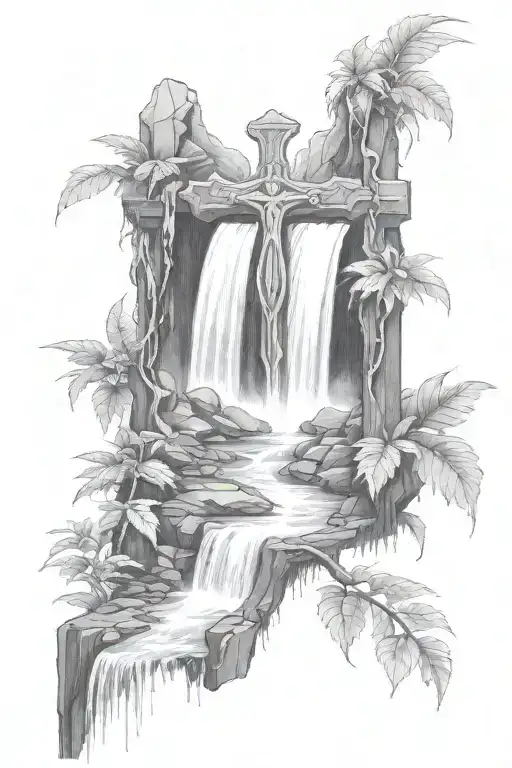 Cross With Waterfall