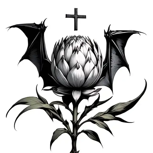 Protea Flower Transforming A Bat With Wings And A Cross With The Stem And Leaves