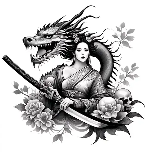 Chinese Dragon With Geisha Holding A Katana Surrounded By Skulls And Flowers