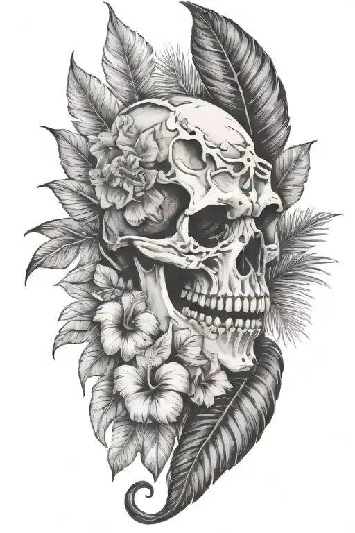 Tropical Leaves With Hibiscus An T Rex Skull