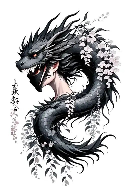 Wisteria Flowers Cascading Down Side Profile Female Ninja Warrior And Dragon