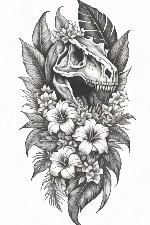 Tropical Leaves With Flowers An T Rex Skull