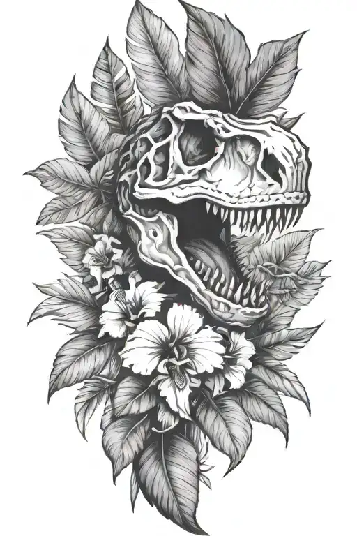 Tropical Leaves With Hibiscus An T Rex Skull