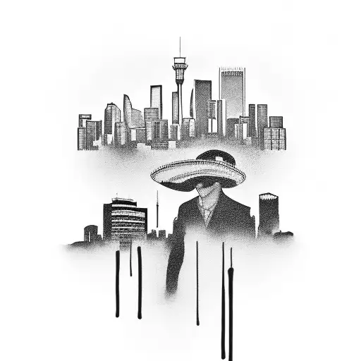 A Black And Grey Portrait Of A Chicano Gangster With The Los Angeles Skyline In The Background