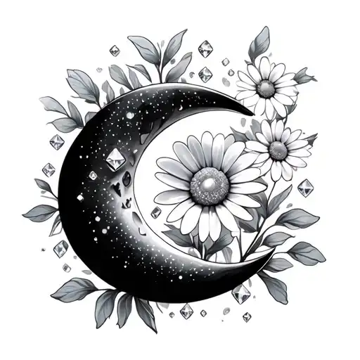 Crescent Moon With Daisy And Diamonds Inside