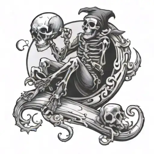 Skeleton Jester Sitting On Top A Half Moon Juggling Skulls