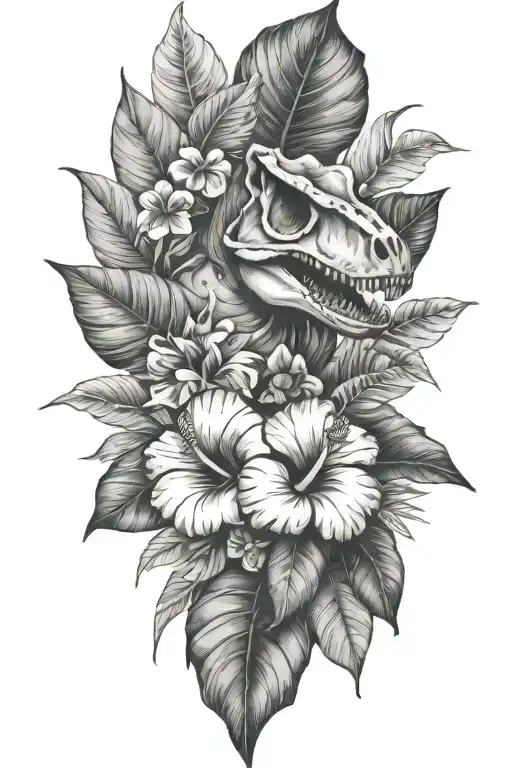 Tropical Leaves And Hibiscus With T Rex Skull