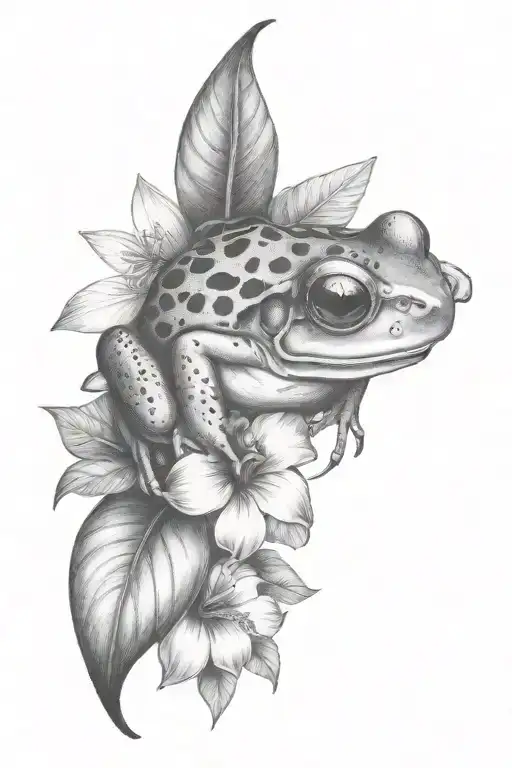Litle Frog And Tropical Leaves And Hibiscus