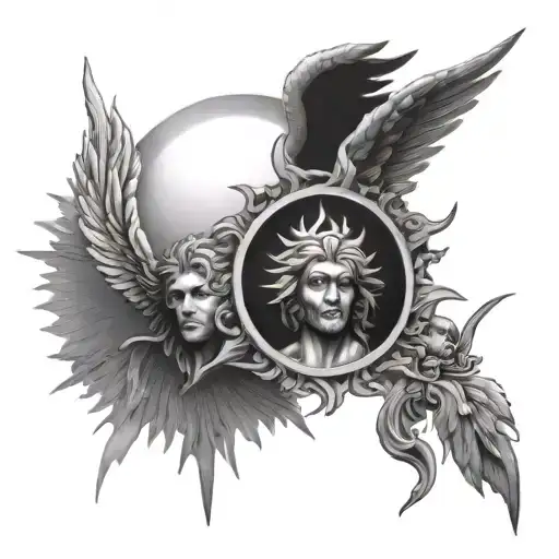 Sun With With Two Men Angels Left And Right