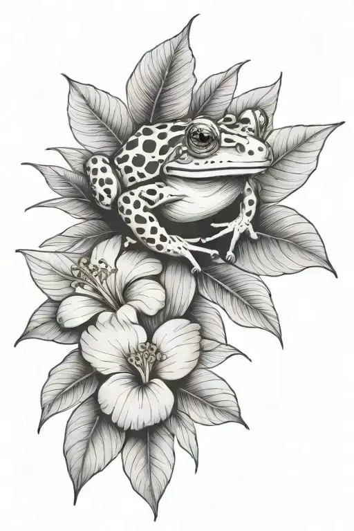 Small Frog And Tropical Leaves And Hibiscus