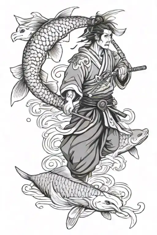 Samurai Warrior With Koi Fish Swimming Upstream