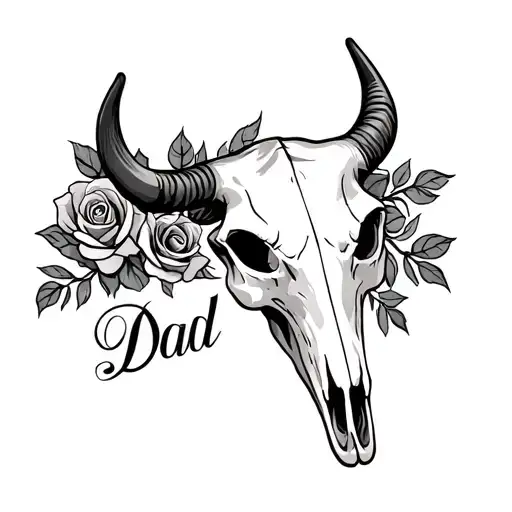 Bull Skull With Roses And Word 'Dad' Gracefully Entwined